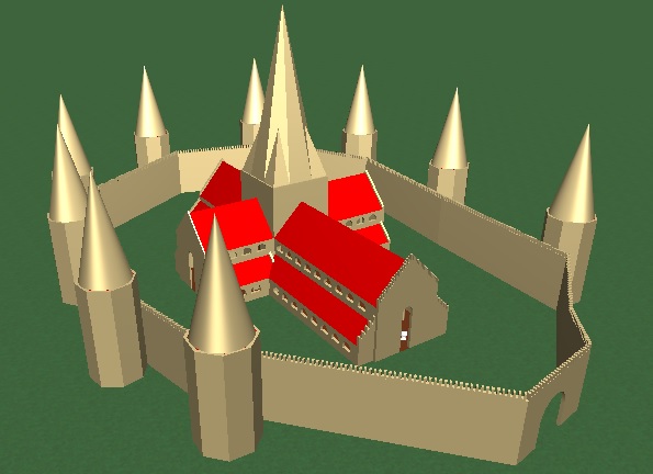 A church built by two Year 6 students using ChurchBuilder. It is red and gold with several spires.
