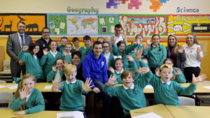Ex-Everton FC player Leighton Baines and school children on the Tackling the Blues programme