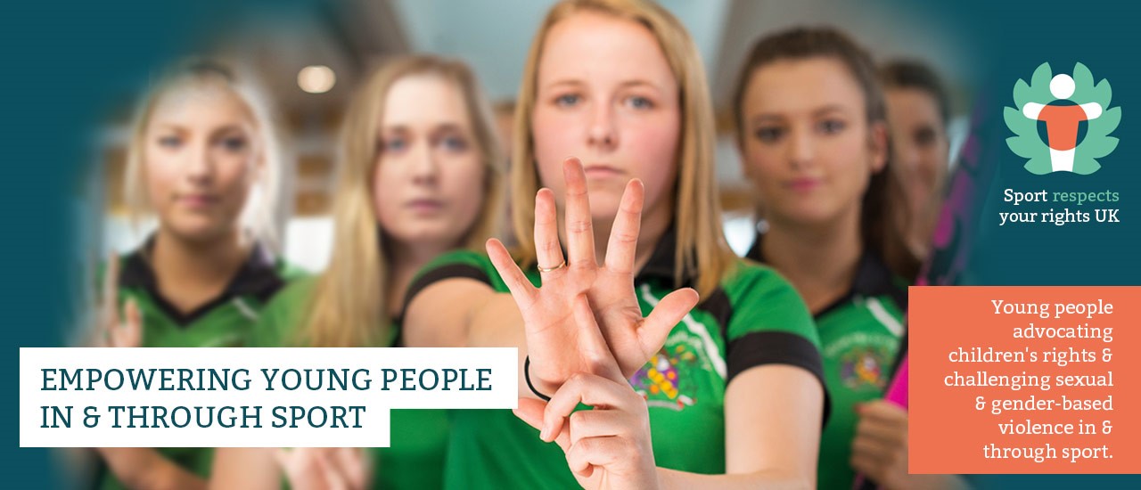 Sport Respects Your Rights UK banner - featuring Edge Hill hockey team players performing the "one-in-five" hand gesture, with an index finger of one hand presented in front of the open palm of the other.