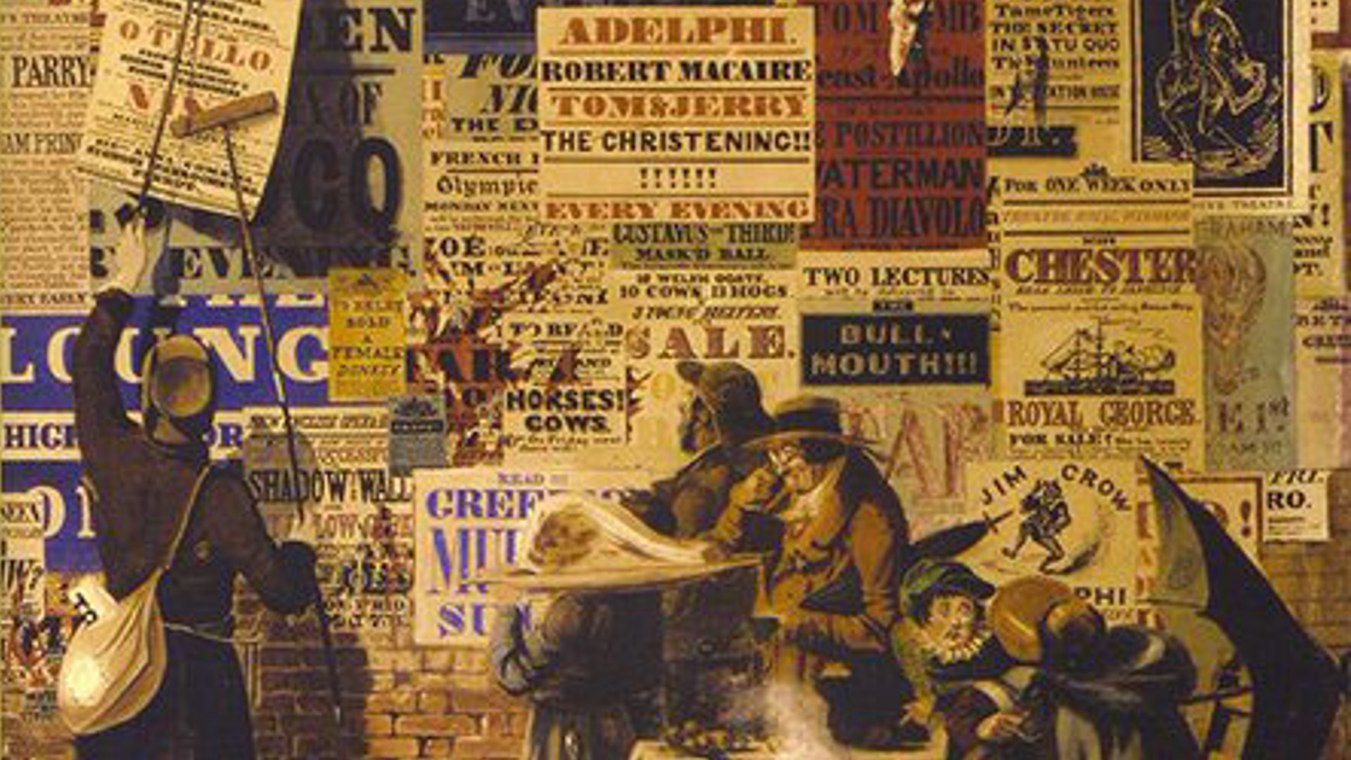 Crop from an EHU Nineteen promo flyer. It shows a group of individuals on the street, watching a man paste a poster for 'Othello' on a wall plastered with posters and clippings.