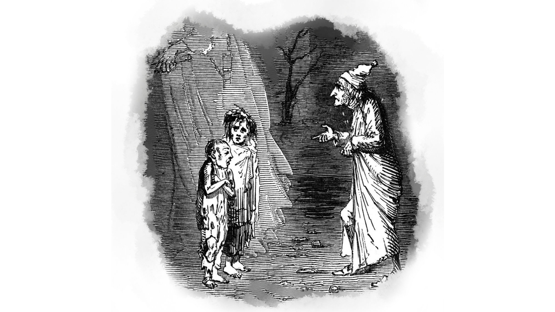 Etching by John Leech for A Christmas Carol. It shows Scrooge confronted by two cold, threadbare children.