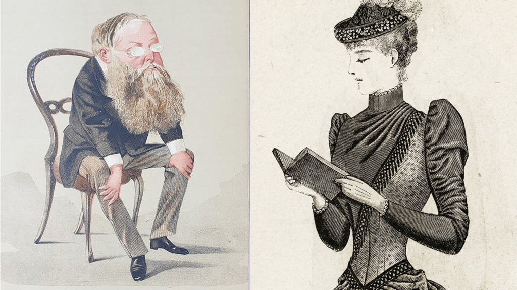 Caricature of Wilkie Collins published in Vanity Fair, 1872, and a sketch of a Victorian lady reading a novel.