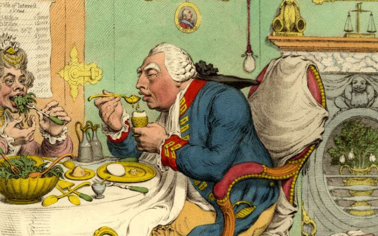 Caricature ilustration of Kinge George at a dinner table eating an egg