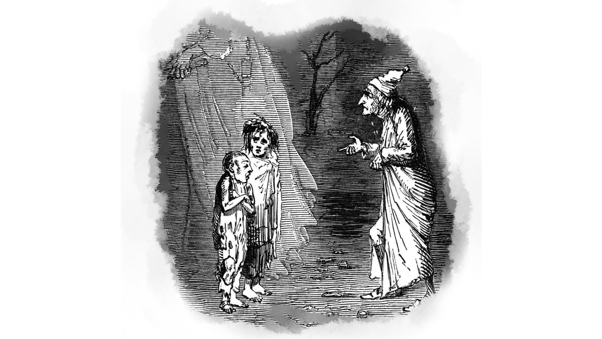 Etching by John Leech for A Christmas Carol. It shows Scrooge confronted by two cold, threadbare children.