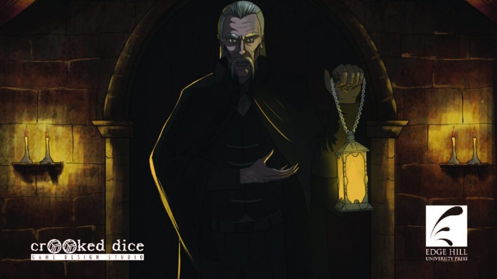 Flyer advertising the 7TV: Dracula internship. It features an illustration of Count Dracula. He has grey hair that is slicked back. He is wearing a black cloak and is carrying a lantern.