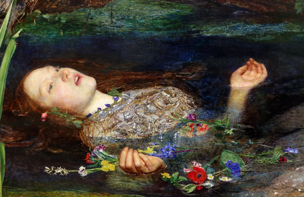 John Everett Millais painting of Ophelia showing Siddal as model, laying in water surrounded by flowers.