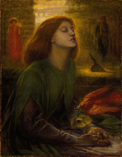 Rossetti painting of Siddall with eyes closed. Her red hair around her shoulders.