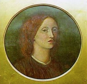 Self portrait of Elizabeth Siddal, staring straight at the viewer. Her hair is tied up in restrained mid-Victorian style.