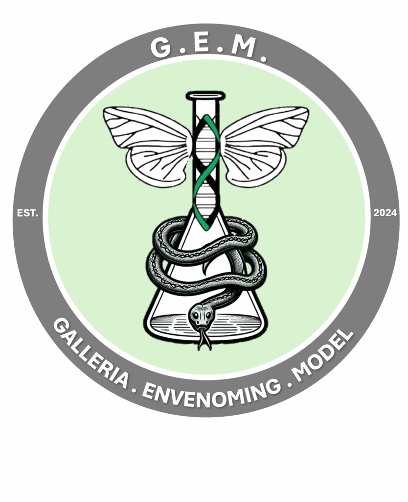 Galleria Envenoming Model (G.E.M.) logo, grey and green circle with a snake wrapped around a chemistry bottle