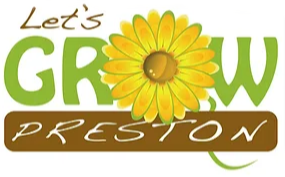 Lets Grow Preston words topped with a sunflower - logo