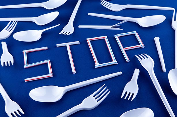 Plastic knives, forks, spoons and straws spelling out 'stop'. Plastic Free - pic by Volodymyr-Hryshchenko on Unsplash
