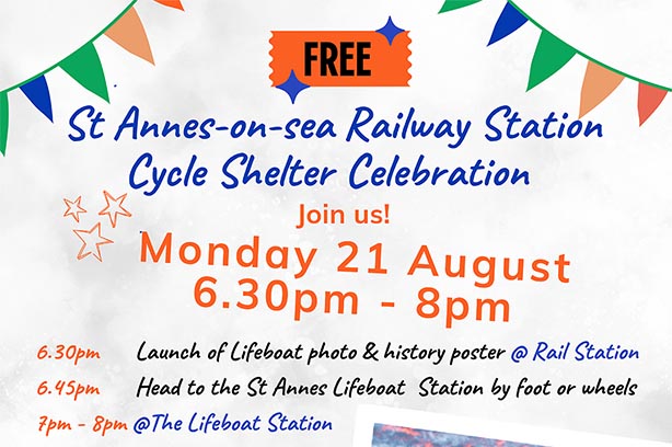 Poster for St Annes-on-Sea Railway Station cycle event, image of a lifeboat with blue, orange and black text on a grey background.