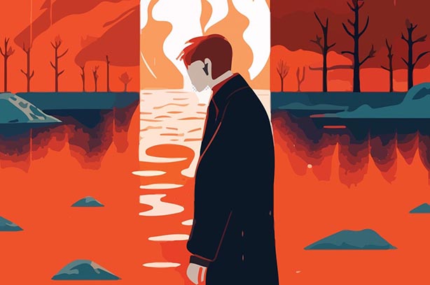 Man walking in a depressed state amongst climate related fire, heat, floods and decay - pic from Climate Challenge UK