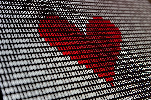 Photo by Alexander Sinn on Unsplash, red heart created from '01's on a computer screen of white '01's