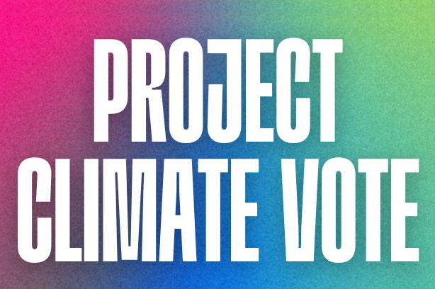 Greenpeace project climate vote, white text on a rainbow background