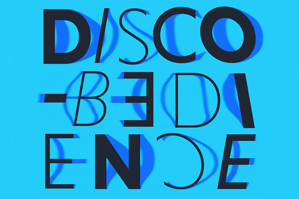 Disco-bedience image graphic, black text on a blue background.