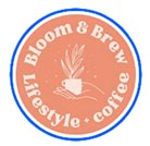 Bloom Brew logo, coral circle with a blue outer circle and white text