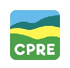 CPRE logo, white text on a background made up of 4 layers (green, yellow and blue) , fields and sky