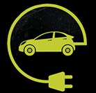 Charge My Street logo, green car and plug on a black background