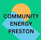 Climate Energy Preston, black text on a green background with a orange circle and a blue rectangle