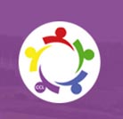 Community Futures logo, illustrated multi coloured heads in a swirl on a purple and white background