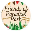 Friends of Paradise Park logo, black text on a background of grass and bunting