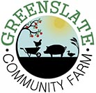 Green Slate Farm logo, black and green text around an image with farm animals