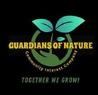 Guardians of Nature logo, green text on a black background with a green sphere and leaves