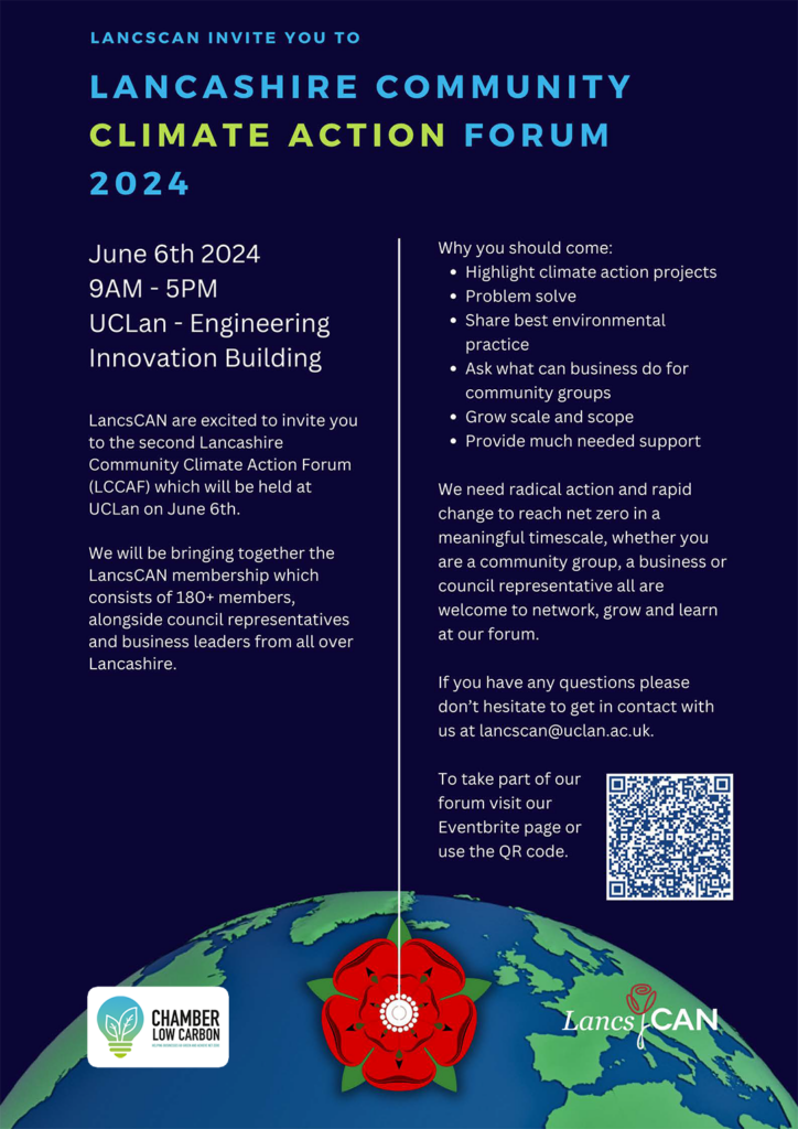 Lancashire Community Climate Action Forum 2024 flyer, graphic earth with lancashire red rose in the foreground and text above.
