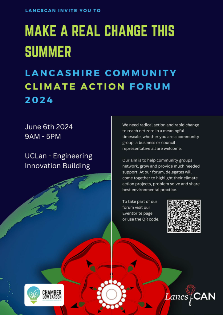 Lancashire Community Climate Action Forum 2024 poster, graphic earth with lancashire red rose in the foreground and text above.