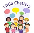 Little Chatters logo, illustration of a group of children under text name