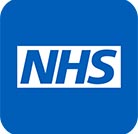 NHS logo, white text on a blue background