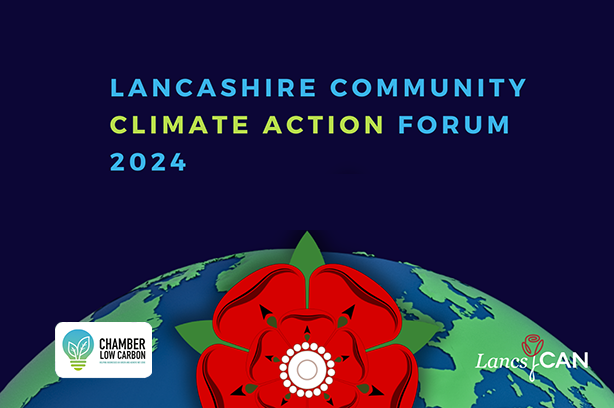 Lancashire Community Climate Action Forum 2024 banner, graphic earth with lancashire red rose in the foreground and text above.