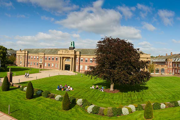 Edge Hill University front of main building, gardens and students