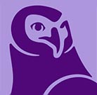 Forest of Bowland logo, dark purple eagles head on a light purple background