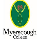 Myerscough College logo, green background with a red rose entwined with 2 sprigs of wheat above the name