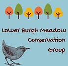 Lower Burgh Meadow Conservation Group logo, blue background with brown text and a wren with 6 tree illustrations