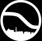 Pendle Climate Action Group logo, black background and silhouette of Pendle town in a white circle