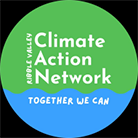 Ribble Valley Climate Action Network logo, circle split in half by water bottom and green top with naming text over the top