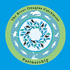 River Douglas Catchment Partnership logo, 3 circles on a blue background. 1st larger green cicle has black text, 2 green circle has animals, centre circle has many hands