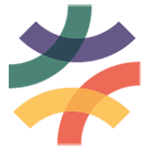 Shared Future CIC logo, 4 curved bands in green, blue, orange and yellow