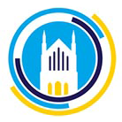 St Thomas Eco Church logo, church in the centre of a blue circle with other blue, black and yellow bands around it