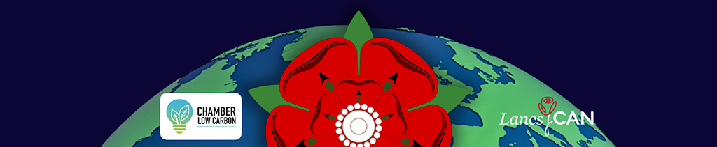 Lancashire Community Climate Action Forum 2024 banner, graphic earth with lancashire red rose in the foreground and text above.