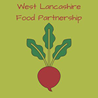 West Lancashire Food Partnership logo, beetroot on a green background