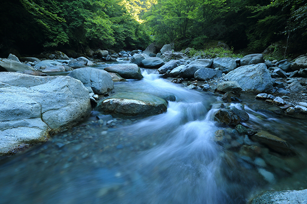 Photo by kazuend on Unsplash, rushing stream over rocks surrounded by trees