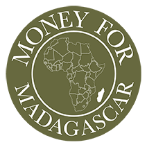 Money for Madagascar logo, white text on a olive green background with a map of Madagascar in the centre