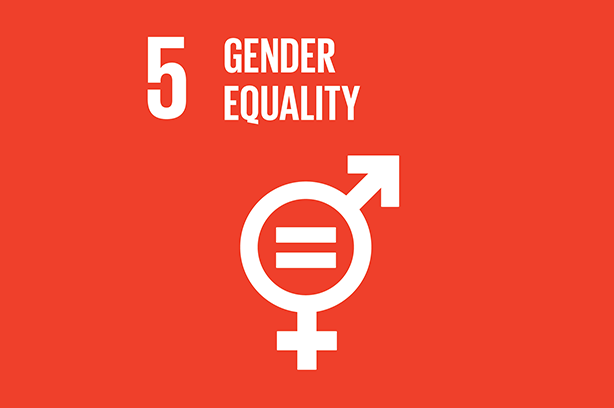 SDG5 - Gender orange and white infographic with a male and female sign entwined