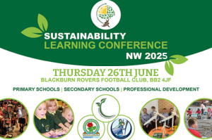 Sustainability Learning Conference 2025 info gaphic, name, date 7 address and 7 small image circles