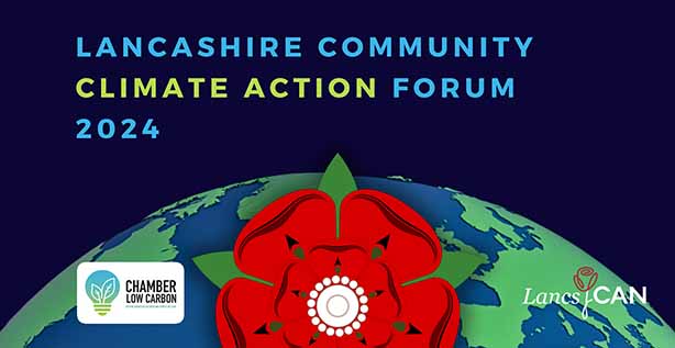 Lancashire Community Climate Action Forum 2024 banner, graphic earth with lancashire red rose in the foreground and text above.