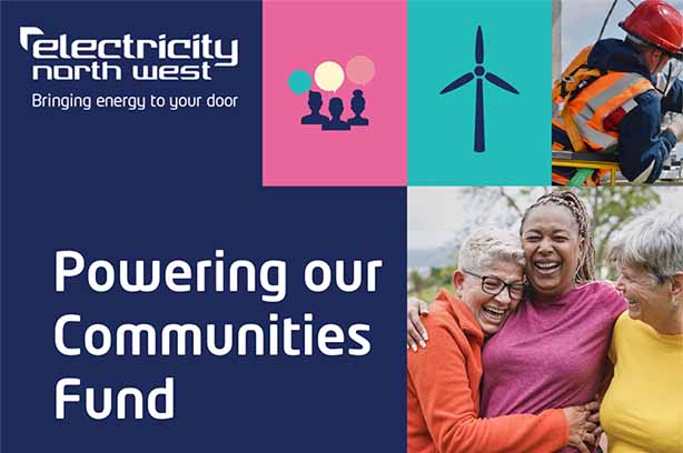 Electricity North West logo, collage of text, people, windmill, hands and a car
